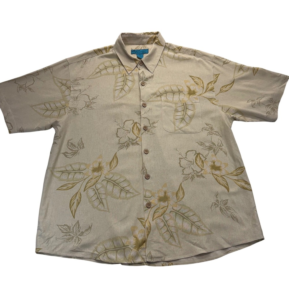 Paradise Blue Shirt Mens XL Beige Silk Cotton Tropical Floral Button Down Aloha